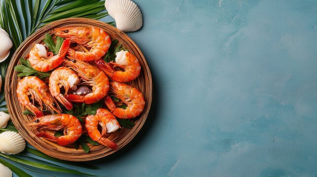 Fresh cooked shrimp on bamboo plate with tropical leaves and seashells on blue background