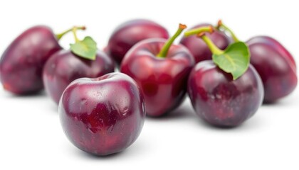 A single ripe plum, vibrant purple, isolated on pure white background, ripe, glossy