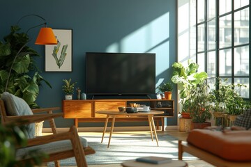 Modern living room with large flat screen TV, wooden furniture, and potted plants, bathed in natural sunlight.