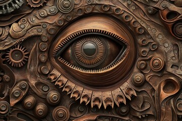 Intricate Steampunk Eye Design Featuring Gears and Metallic Elements in a Textured Wall Art Display