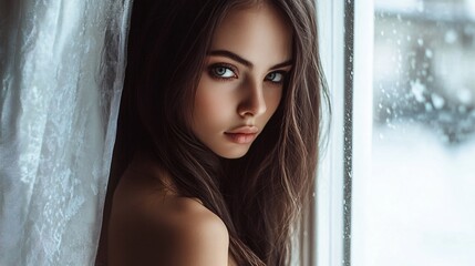 Beautiful brunette woman posing near window