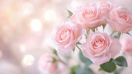 Elegant pink roses in soft focus with gentle light bokeh background