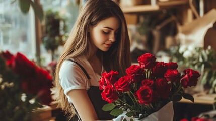 Florist creating red rose bouquet