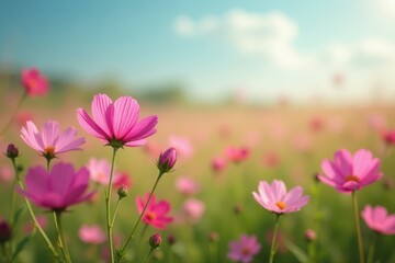 Obraz premium Pink cosmos flowers sway gently in a summer field , background, bloom, blossom