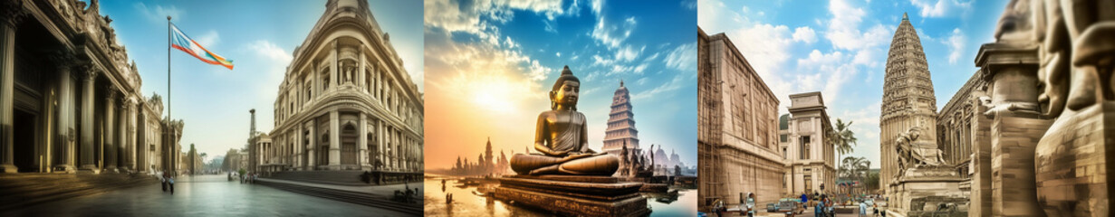 Fototapeta premium A dreamlike or painting collage banner of famous travel destinations from around the world.