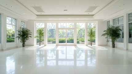 Obraz premium an empty light-filled room with large windows and potted plants. The clean, minimalist space is ready for events