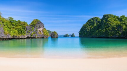 Naklejka premium Paradise Beach: A picturesque tropical beach with crystal-clear turquoise waters, framed by lush green cliffs and a vibrant blue sky, offering a sense of serenity and natural beauty.