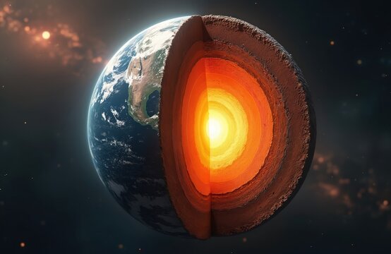 Planet Earth structure with visible layers core. Earth cross section shows inner geological composition. Schematic model molten lava, magma. Educational illustration for geography, science themes.