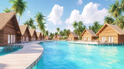 Fototapeta premium Paradise Lagoon Villas: A serene visual spectacle of luxurious wooden villas perched over a breathtaking turquoise lagoon, inviting tranquility. 