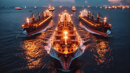 Obraz premium Satellite network monitors global shipping routes with AI-enhanced maritime tracking. Advanced surveillance technology ensures real-time cargo movement analysis, optimizing trade efficiency.