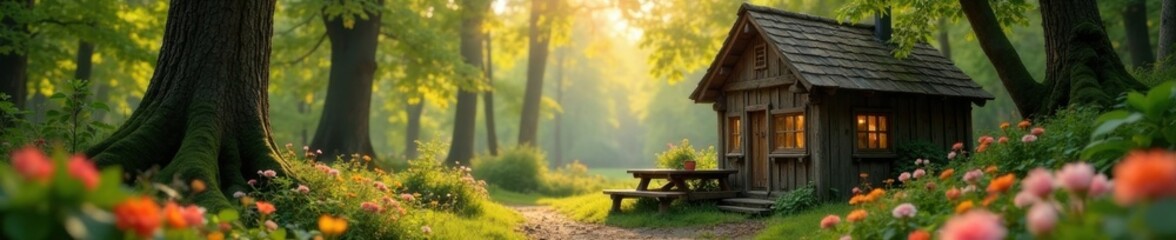 Naklejka premium Rustic cafe nestled in spring forest, soft light, bokeh effect , springtime, outdoor, ambiance