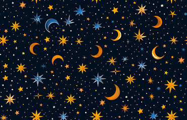 Fototapeta premium Seamless celestial pattern with golden stars and crescent moons on dark night sky background for textile and wallpaper