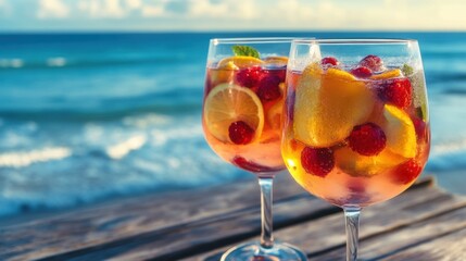 Two chilled glasses of sangria brimming with citrus slices and fresh berries, resting on a rustic wooden table with a serene ocean view in the background