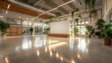 Obraz premium a spacious and modern event hall or a large studio with plants and a bright interior with shiny floor. There are many plants in pots and hanging from the ceiling. It looks clean.
