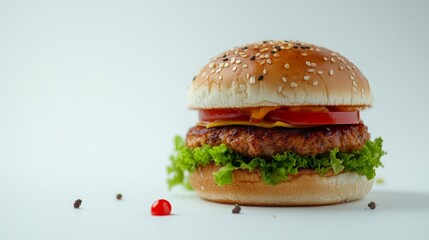 Low Angle Shot, Fried chickenn burger, chees sliced tomato sallad clean, white background 