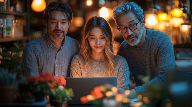 A group of three individuals stands around a kitchen island, engaged in discussion.