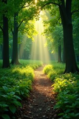 Obraz premium Sunlight dappled forest path, dew-kissed leaves, path, oak, pattern