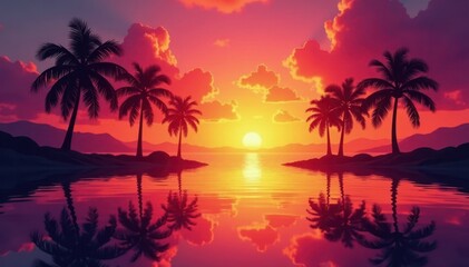 Silhouetted palm trees against a blazing sunset sky mirroring in calm water , tropical, calm