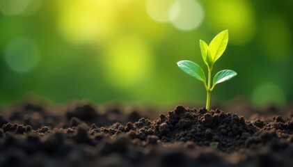 Seedling sprouting from rich soil, potential growth, opportunity, sunlight