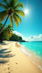 Fototapeta premium Golden sand, turquoise water, bright sun, palm trees, waves, texture, sunrise