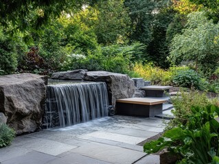 A small stone waterfall cascades into a tranquil garden setting