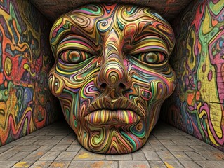 Vibrant Mural Featuring a Large, Abstract Face in a Colorful Surreal Setting