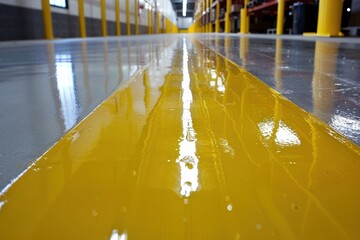 Warehouse aisle with glossy yellow safety markings, designed for efficient movement and workplace organization, ensuring structured traffic flow for workers and vehicles...