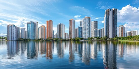 Fototapeta premium City skyline with high-end residential towers, reflections in water