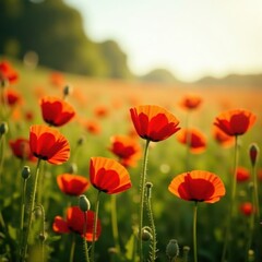 Obraz premium Vibrant red poppies bathed in sunlight, summer field , texture, rural