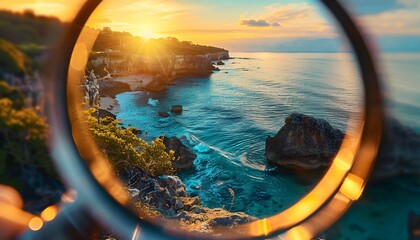 Wide-angle view of glowing cliffs rising above turquoise waves under a radiant sunset, cinematic dramatic natural elegance