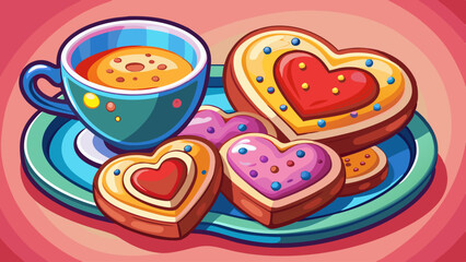 Sweet heart cookies with tea or coffee