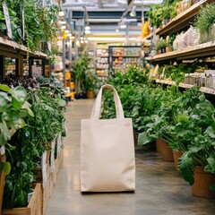 Beige Canvas Tote Bag in a Plant-Filled Store