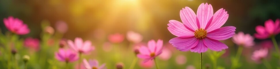 Stunning pink cosmos flowers flourishing in a natural garden setting, sunlight illuminating petals , sunlight, detail