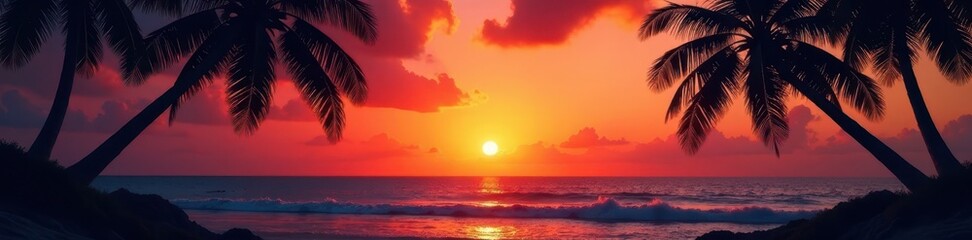 Fototapeta premium Silhouetted palms frame a fiery sunset over the calm ocean waves , sky, coast, vacation