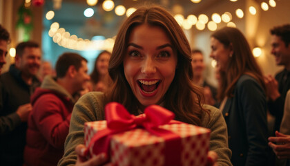 Smiling woman with gift among joyful crowd. AI image