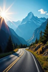 Naklejka premium Sun-drenched mountain range, asphalt road meanders through valley, nature, asphalt