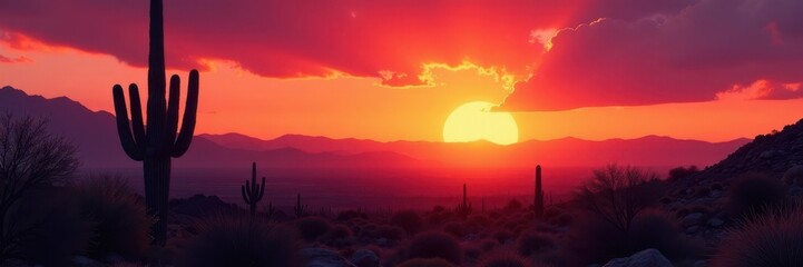 Majestic saguaro silhouettes against fiery Arizona sunset , wide, sun