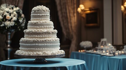 Elegant White Wedding Cake on Blue Draped Table