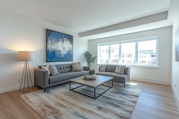 Fototapeta premium Modern living room with large windows, comfortable furnishings, and stylish decor.