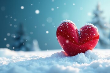 Fototapeta premium Snowy landscape, single red heart, blank space for message, idyllic, charming, snow
