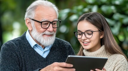 Two skilled professionals engage in a discussion over a tablet, sharing ideas in a contemporary office setting
