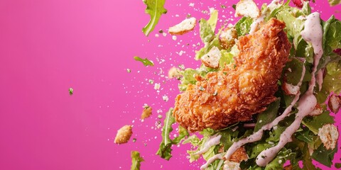 Crispy fried chicken fillet with Caesar salad and tangy dressing bursts mid-air on a hot magenta background