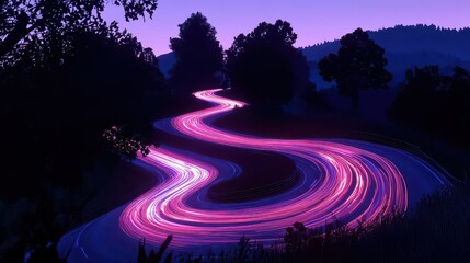 A long-exposure shot of a fast-moving car on a winding road at night, leaving vibrant streaks of red and white light.