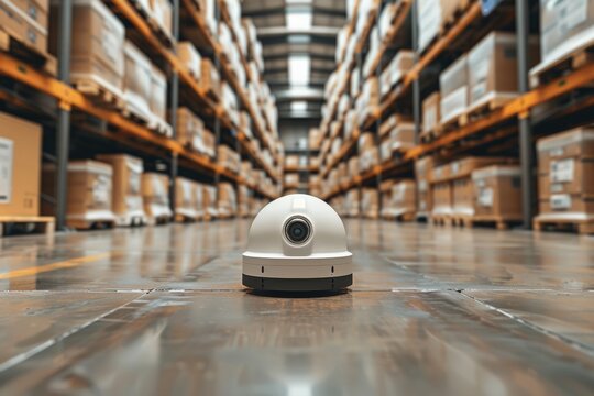 AI-assisted security camera monitoring warehouse aisles with advanced facial recognition scanning employees. Smart surveillance technology enhancing workplace security, inventory control, logistics. - Powered by Adobe