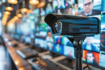 AI-powered surveillance camera with facial recognition scanning employees in high-security control room. Advanced security system ensuring workplace protection, real-time monitoring, digital threat.