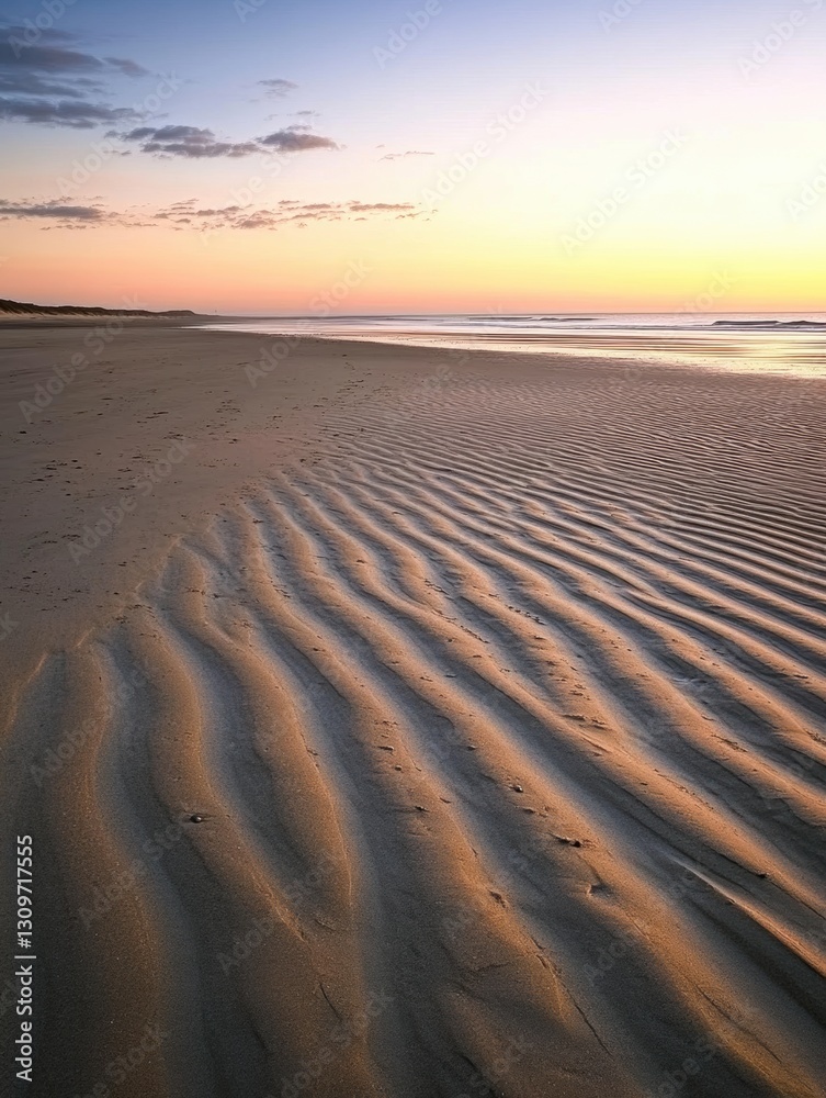 Poster Stunning sunset over a tranquil beach with smooth sand patterns and an open horizon for peaceful reflections Generative AI