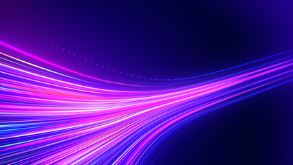 Glowing pink lines on blue background. Neon information stripes flying. High-speed big data transfer. Curved neon lines. Optical fiber blue and pink neon color. Blue background.