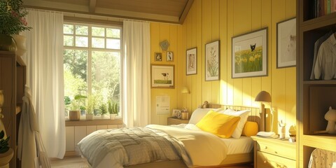 A bright and sunny bedroom featuring a comfortable bed and decor