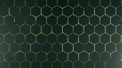 Abstract green background of hexagons with gold accents. Luxury pattern of geometric shapes. Simple minimal elegant expensive background dark green 3d BG.