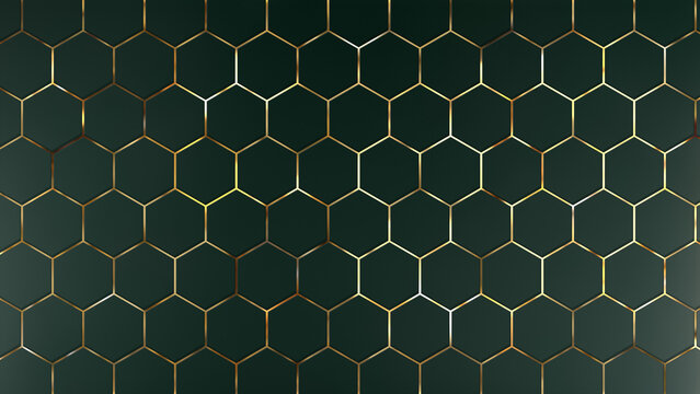 Abstract green background of hexagons with gold accents. Luxury pattern of geometric shapes. Simple minimal elegant expensive background dark green 3d BG.